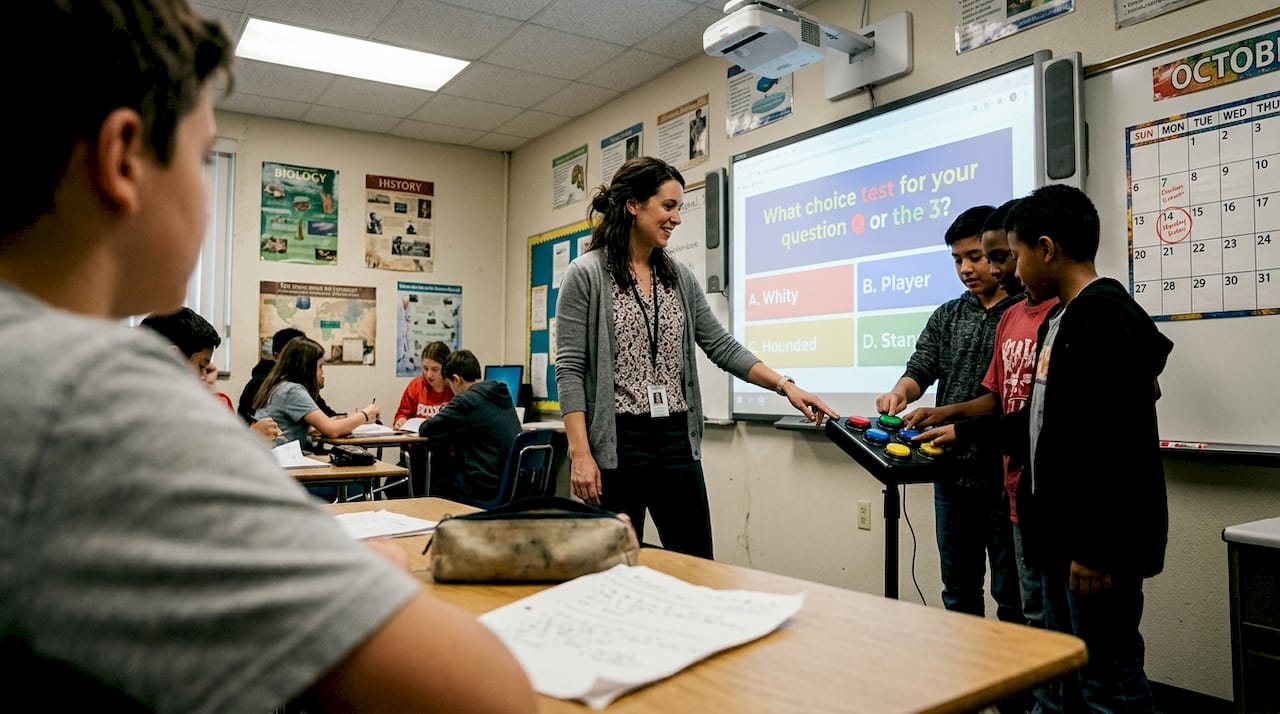 Middle school students interact with teacher at whiteboard