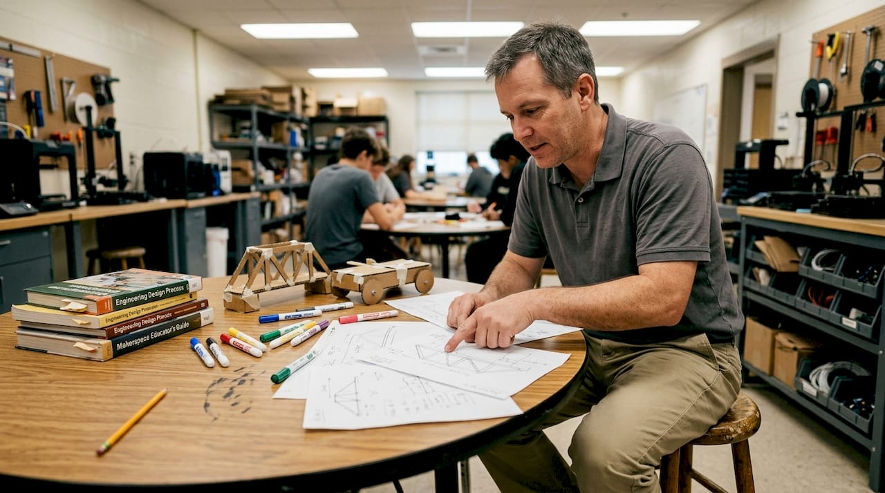 Teacher reviewing student engineering sketches