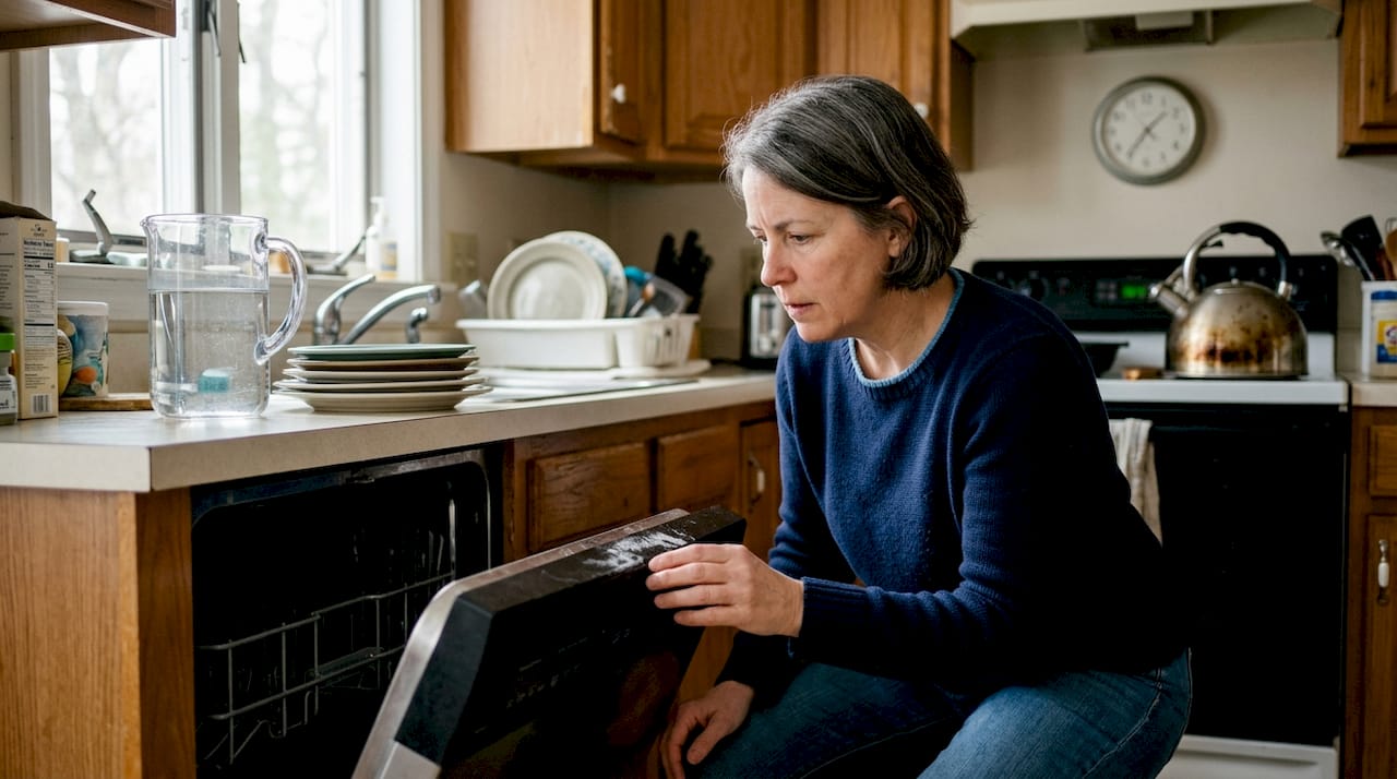 Inspecting dishwasher for hard water residue