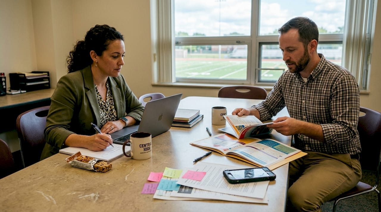 School staff planning meeting with laptops and notes
