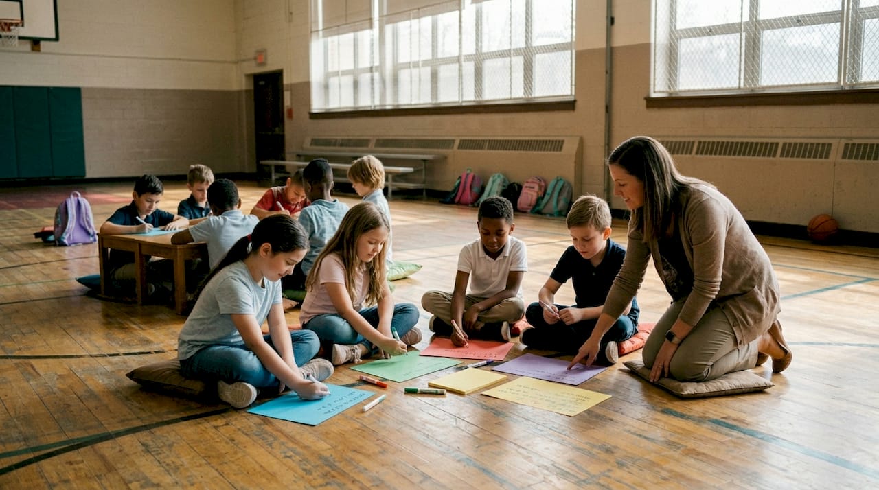 Students reflect during school assembly activity