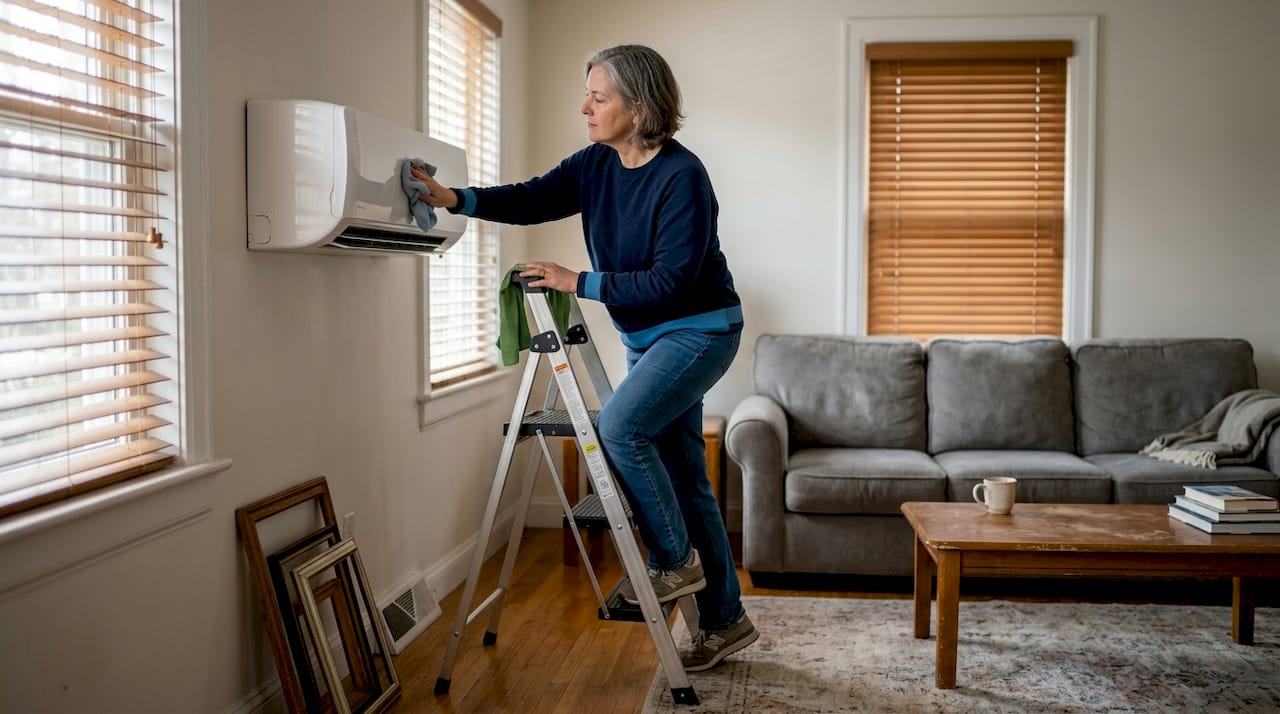 Homeowner wiping indoor mini split unit