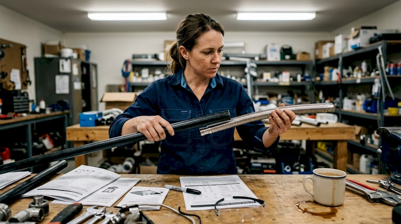 Plumber comparing gas piping materials at bench