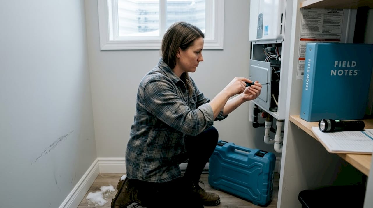 Technician performing furnace inspection and maintenance