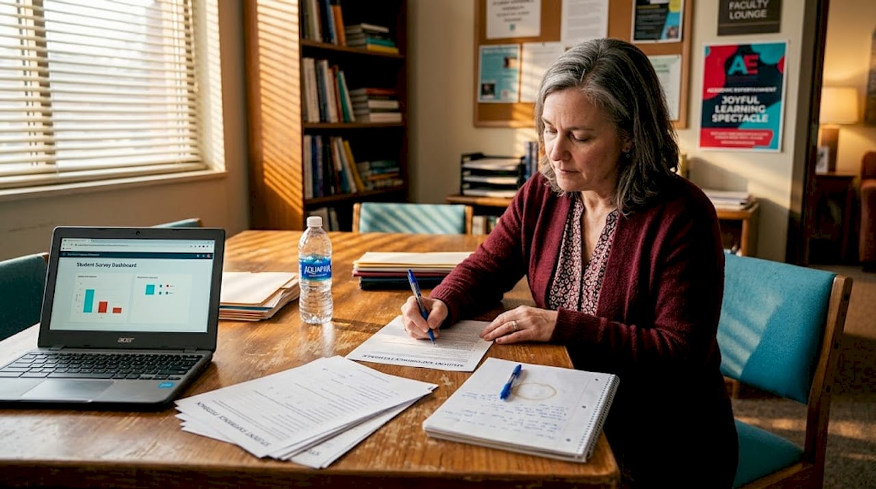 Teacher at table preparing school assembly feedback survey