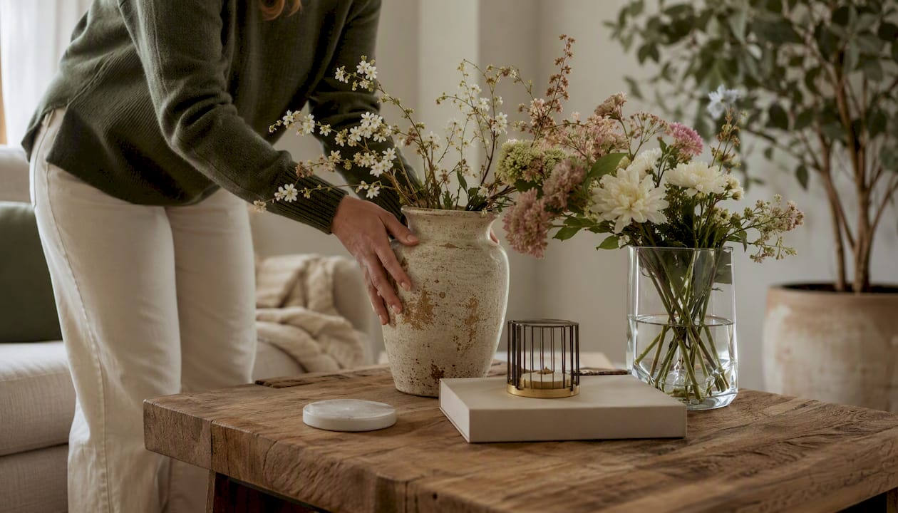Hand arranging vintage and modern vases with flowers