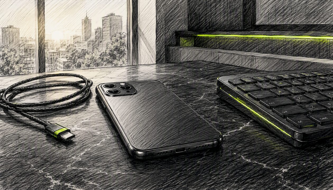 Smartphone on modern tech desk