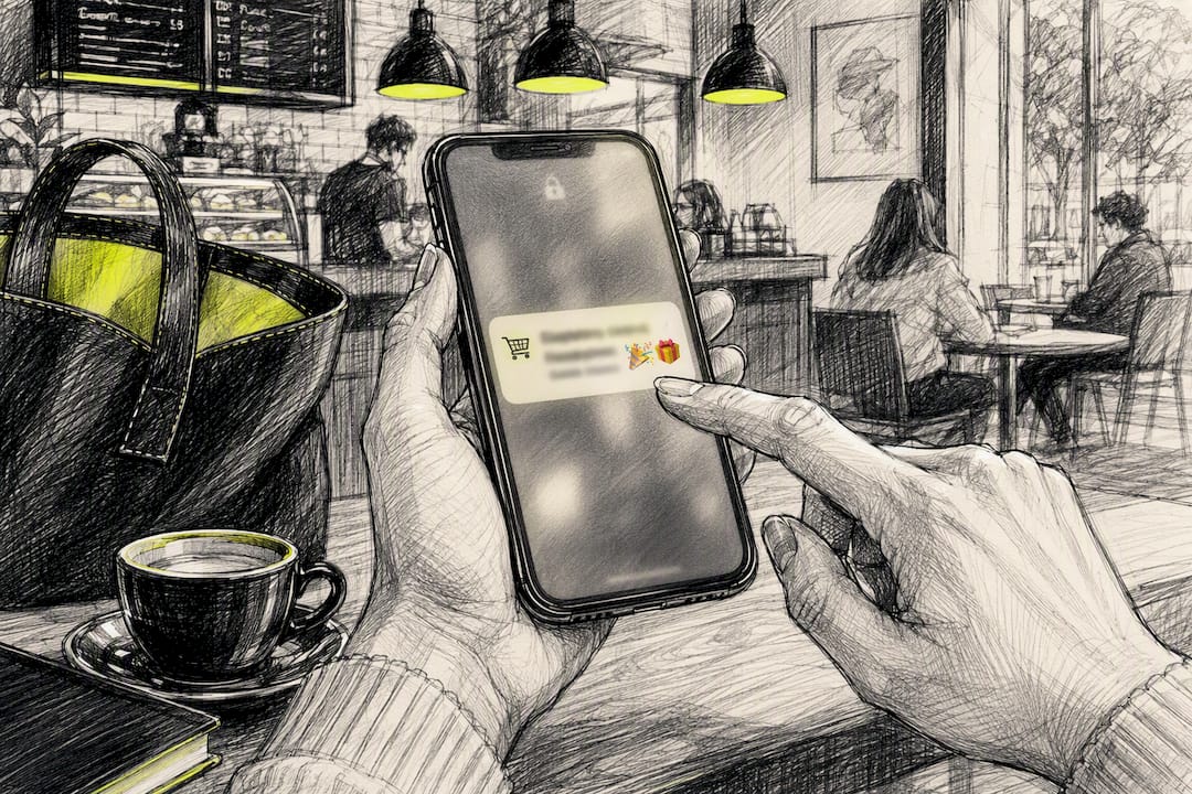 Person tapping smartphone on promotional emoji push notification