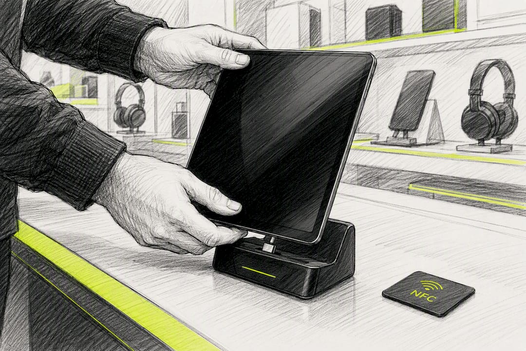Hands adjusting tablet and NFC tag on retail counter