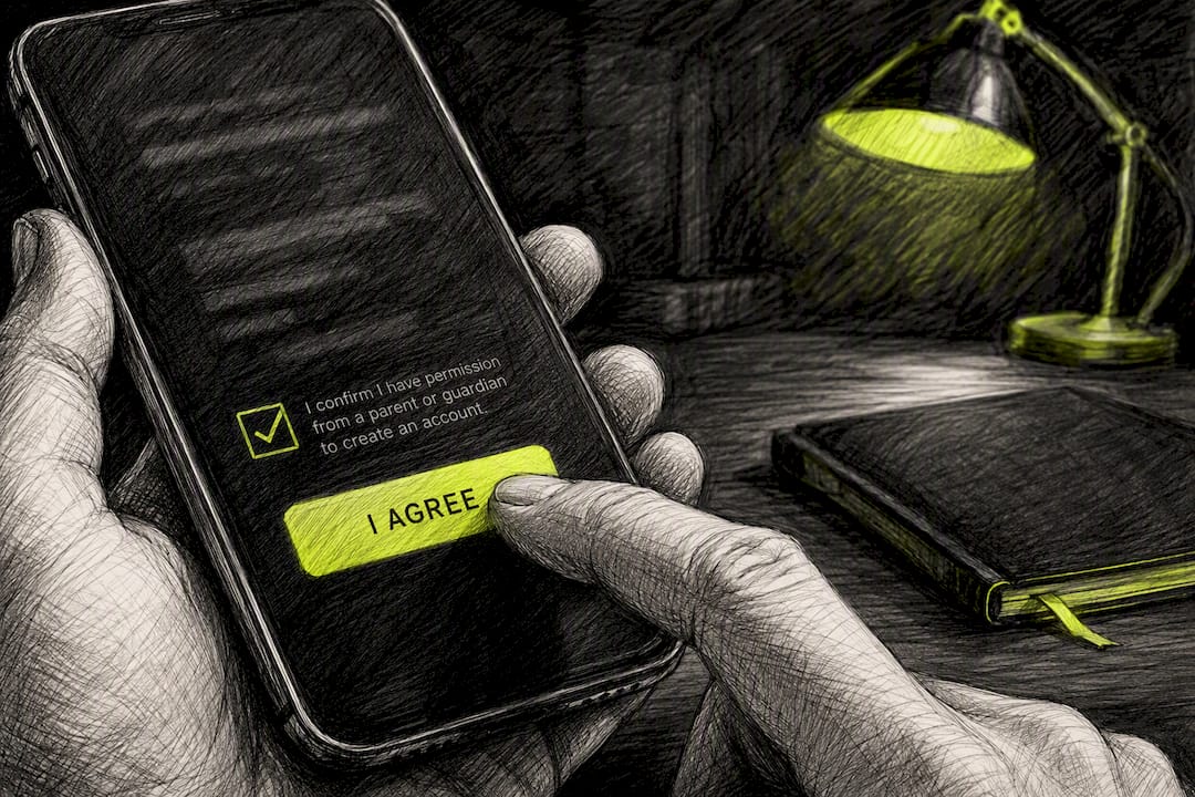 Hand pressing smartphone button for consent
