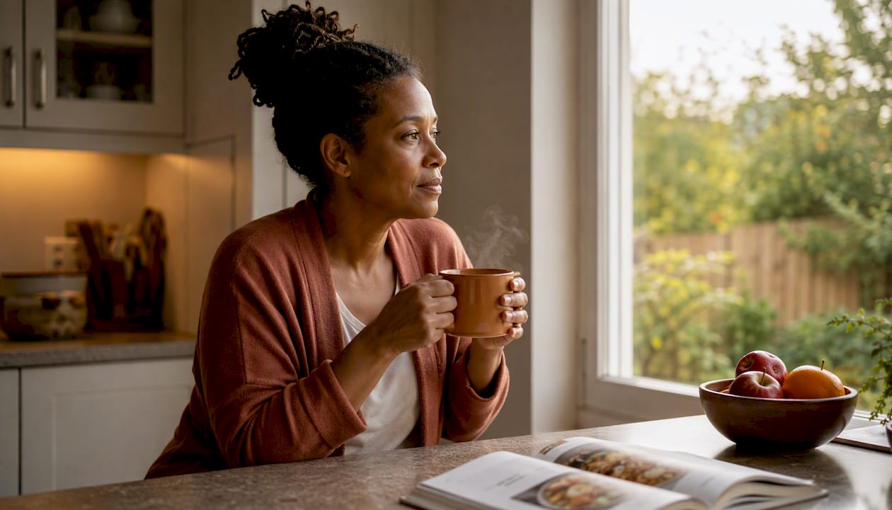 Woman thoughtfully pausing conversation at home