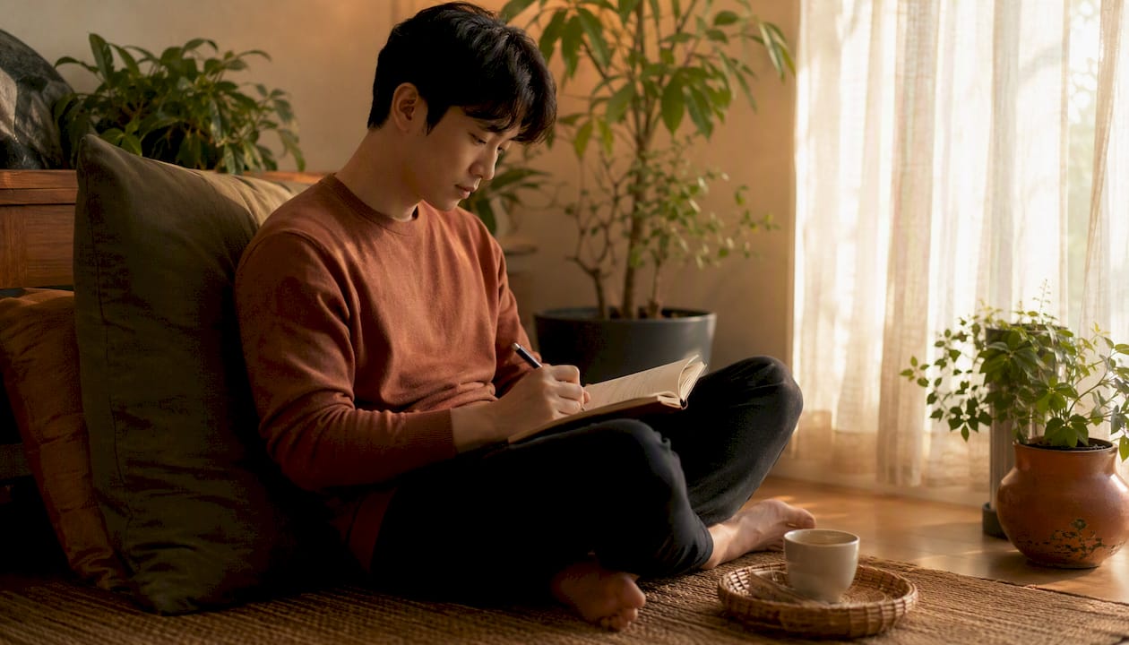 Man writing reflection notes at desk