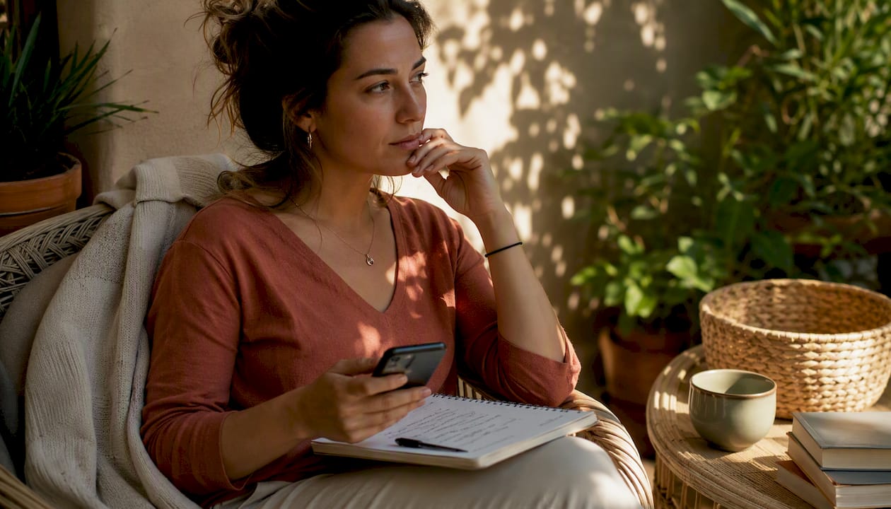 Woman rehearsing boundary phrases at home