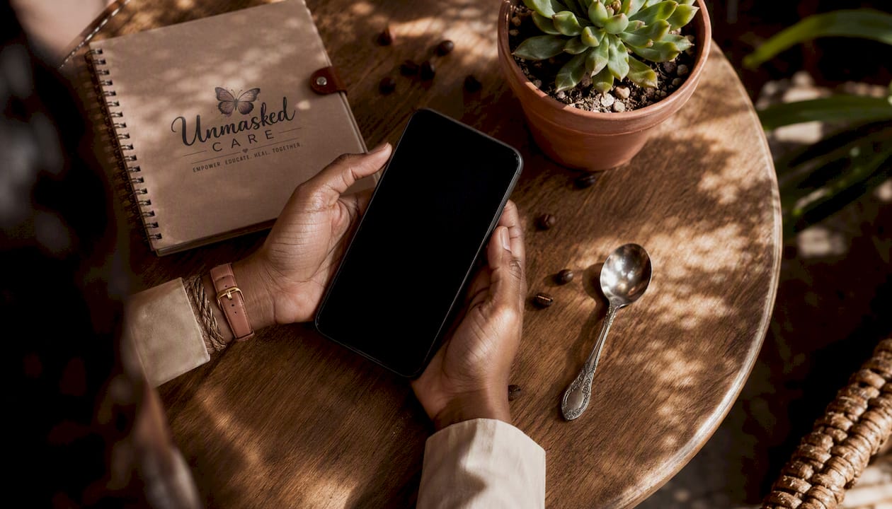 Hands holding phone paused over desk