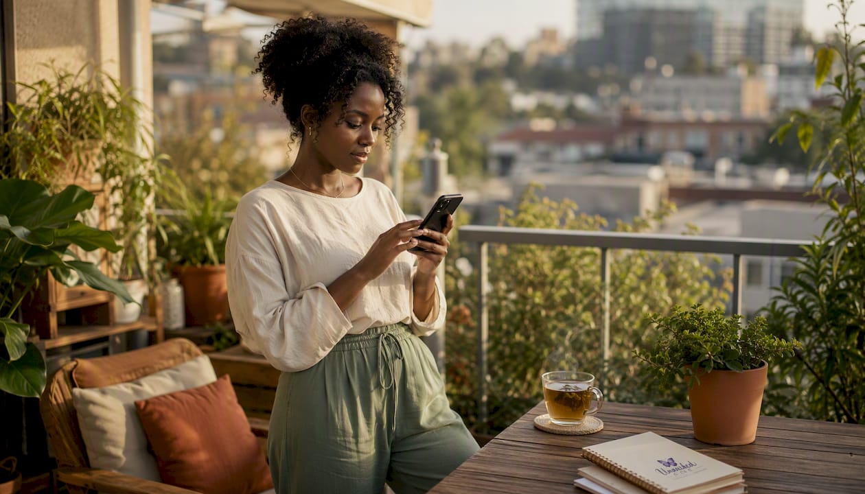 Woman calmly typing a response on smartphone