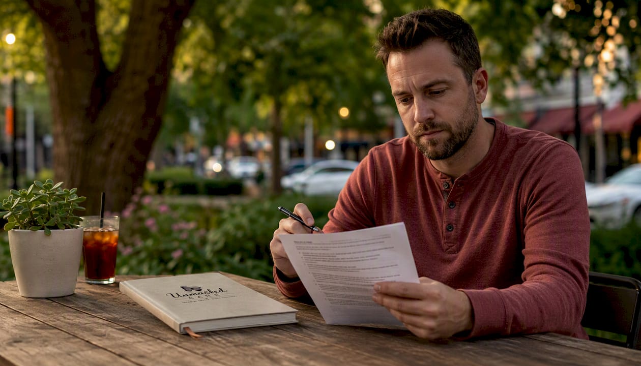 Man reviewing co-parenting script drafts at café