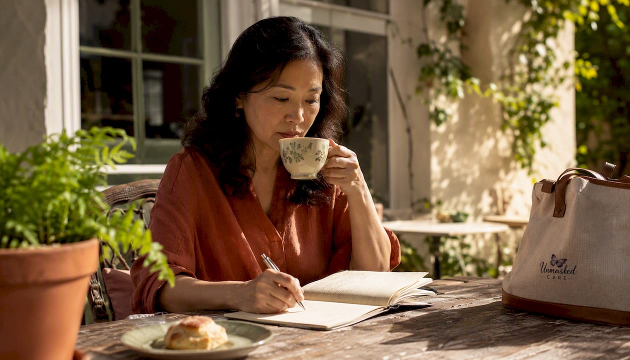 Woman preparing notes in café for difficult talk