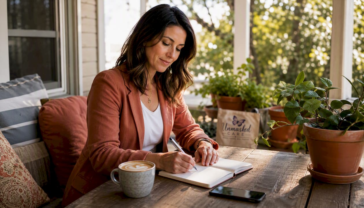 Person composing response script at home office