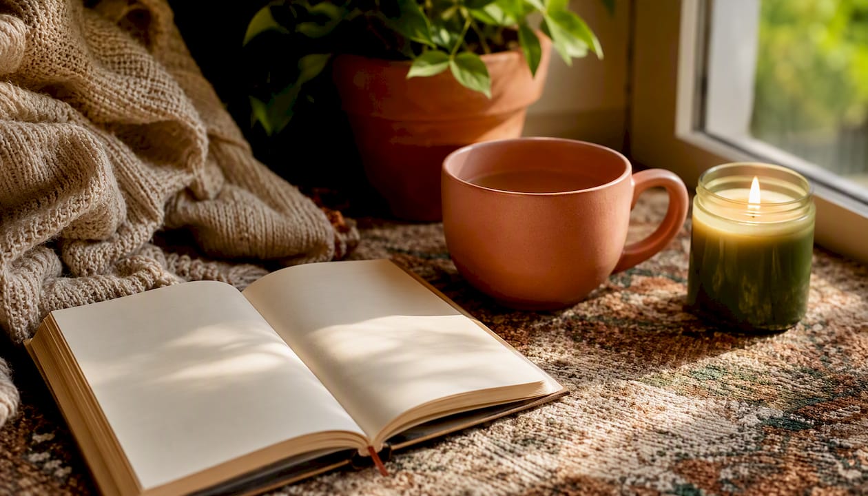 Journal, tea mug, and candle for reflection