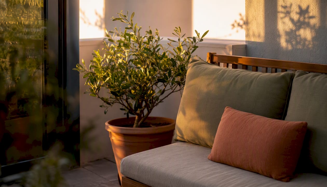 Empty balcony chair and plant in soft light