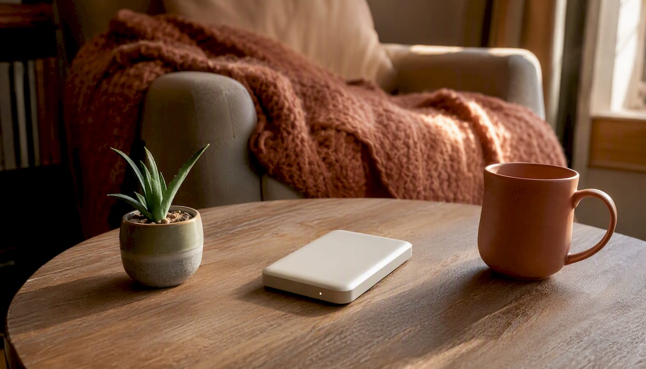 Encrypted external drive on desk for digital privacy
