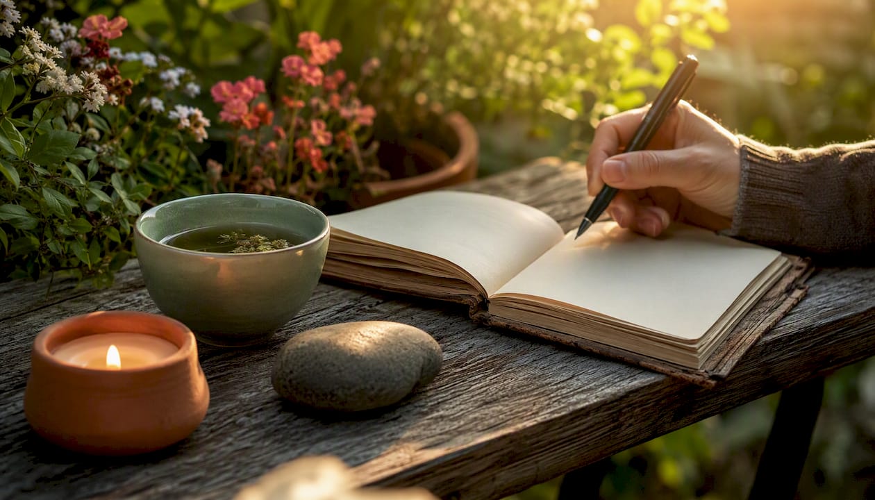 Journal and pen on table for self-assessment