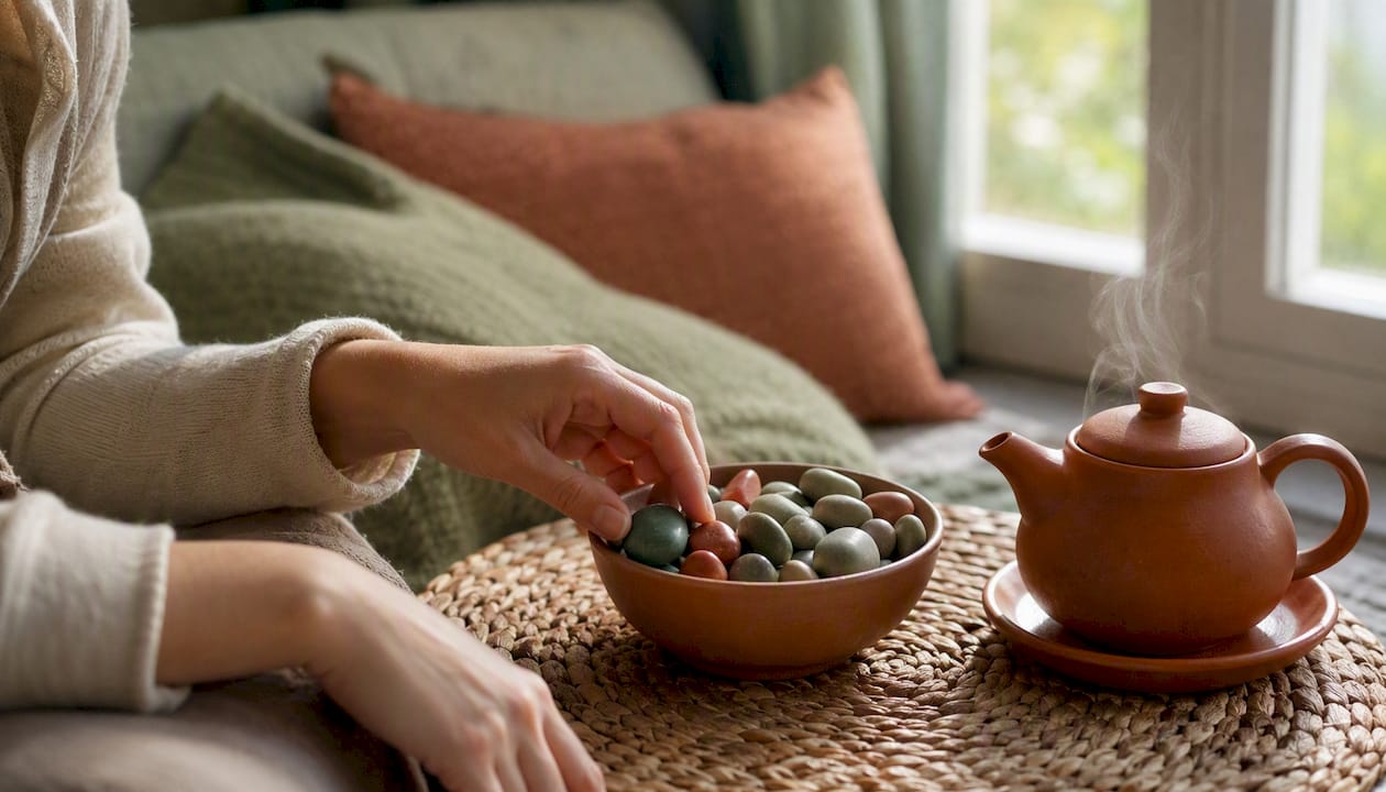 Grounding stones and herbal tea for calming ritual