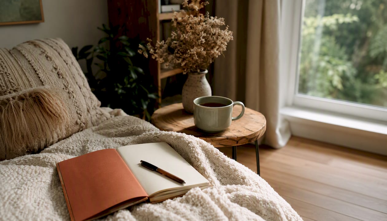 Journal and tea mug in warm reflective setting
