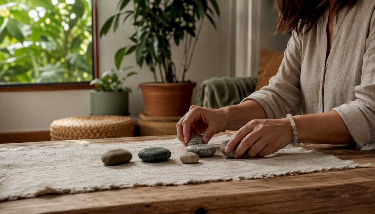 Hands stacking grounding stones in calm corner