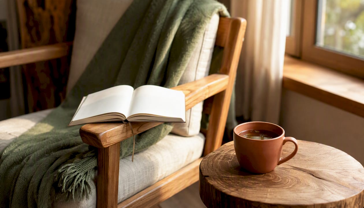 Therapy session preparation space with tea and notebook