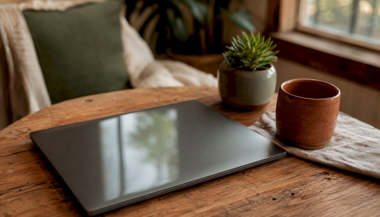 Close-up of laptop with cup in cozy nook