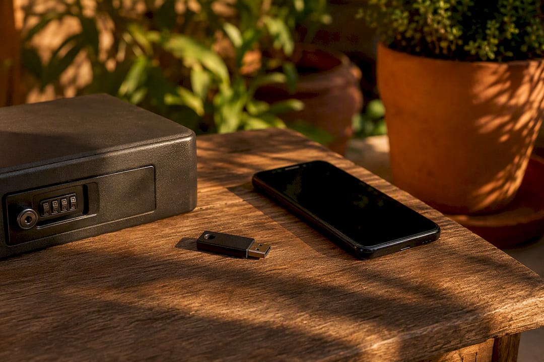 Personal digital security items on table