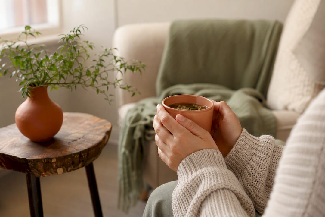 Hands holding tea mug in calming home corner