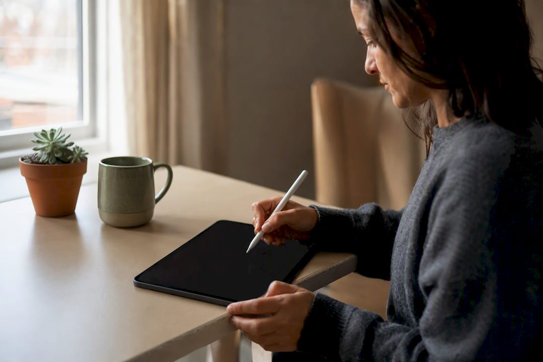 Hand writing plan on tablet to set boundary