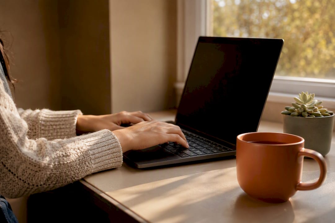 Hands typing on laptop at warm private desk
