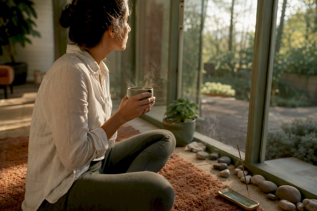 Person calming down with mug in cozy corner