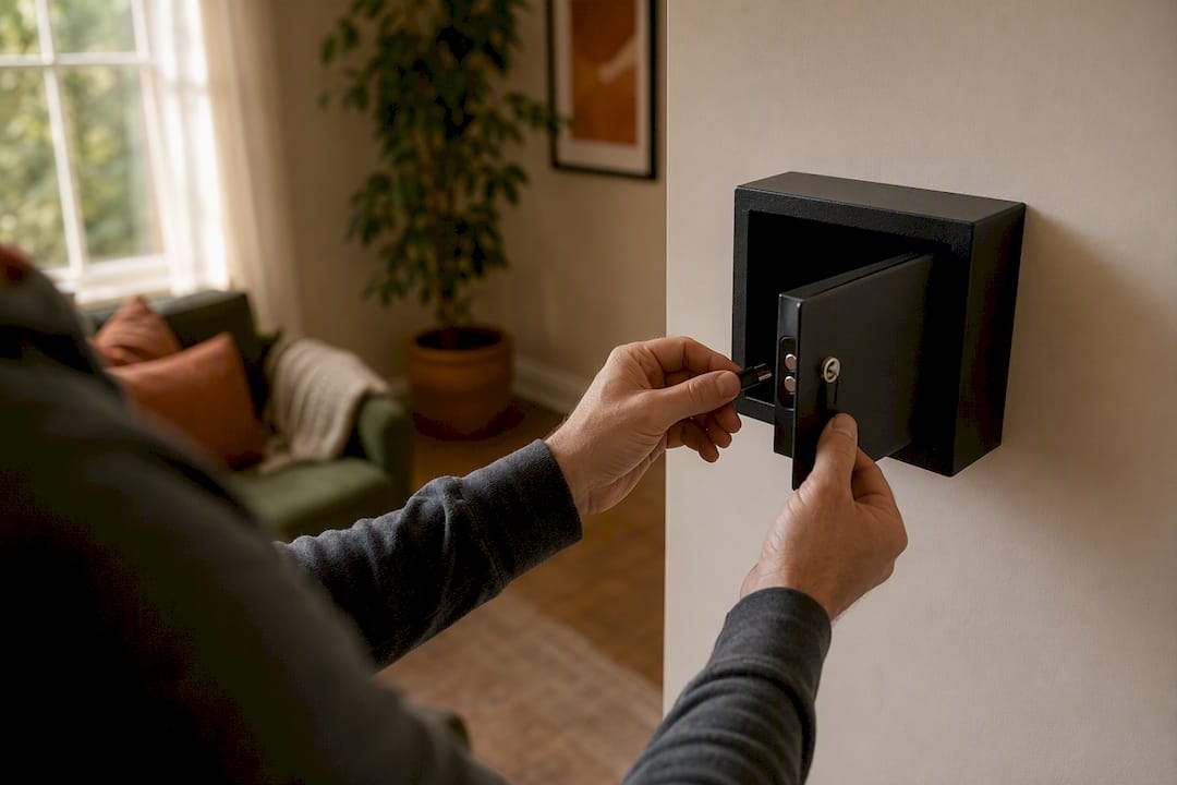 Hands storing encrypted USB in lockbox