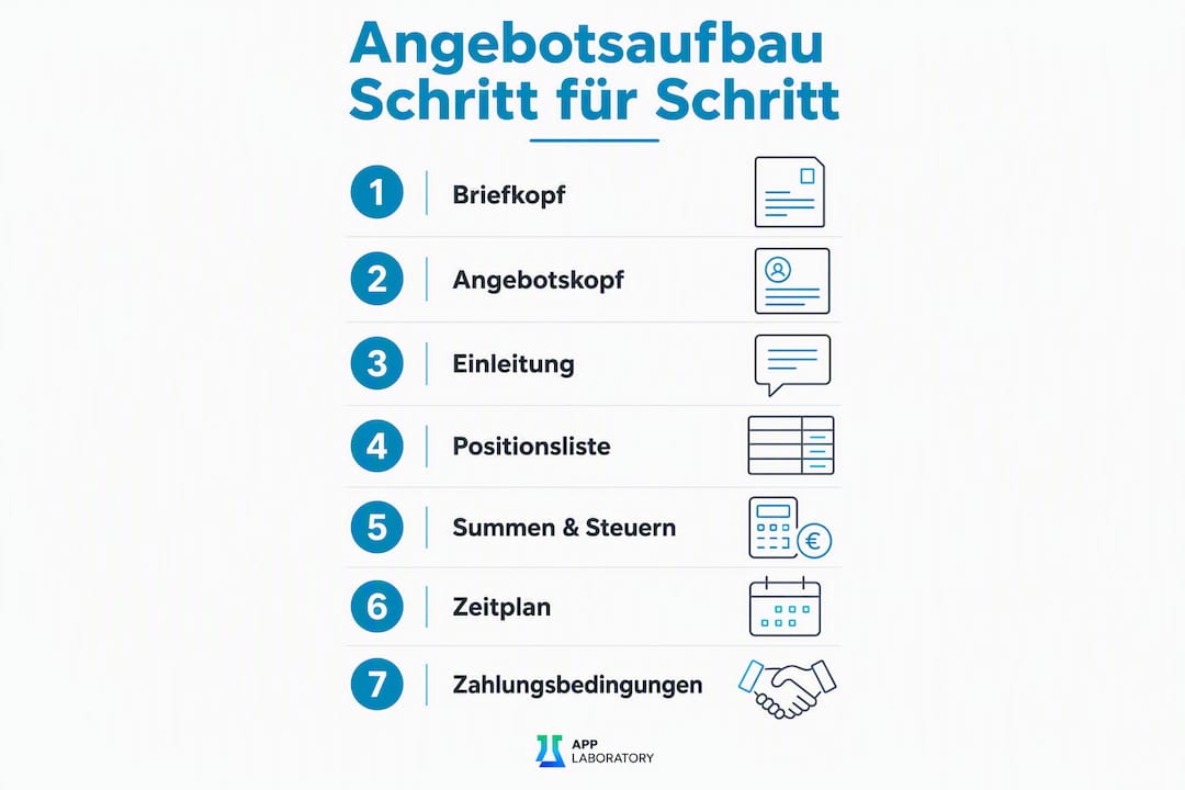 Die Infografik veranschaulicht, wie Handwerksbetriebe in sieben Schritten ihr Angebot professionell erstellen.