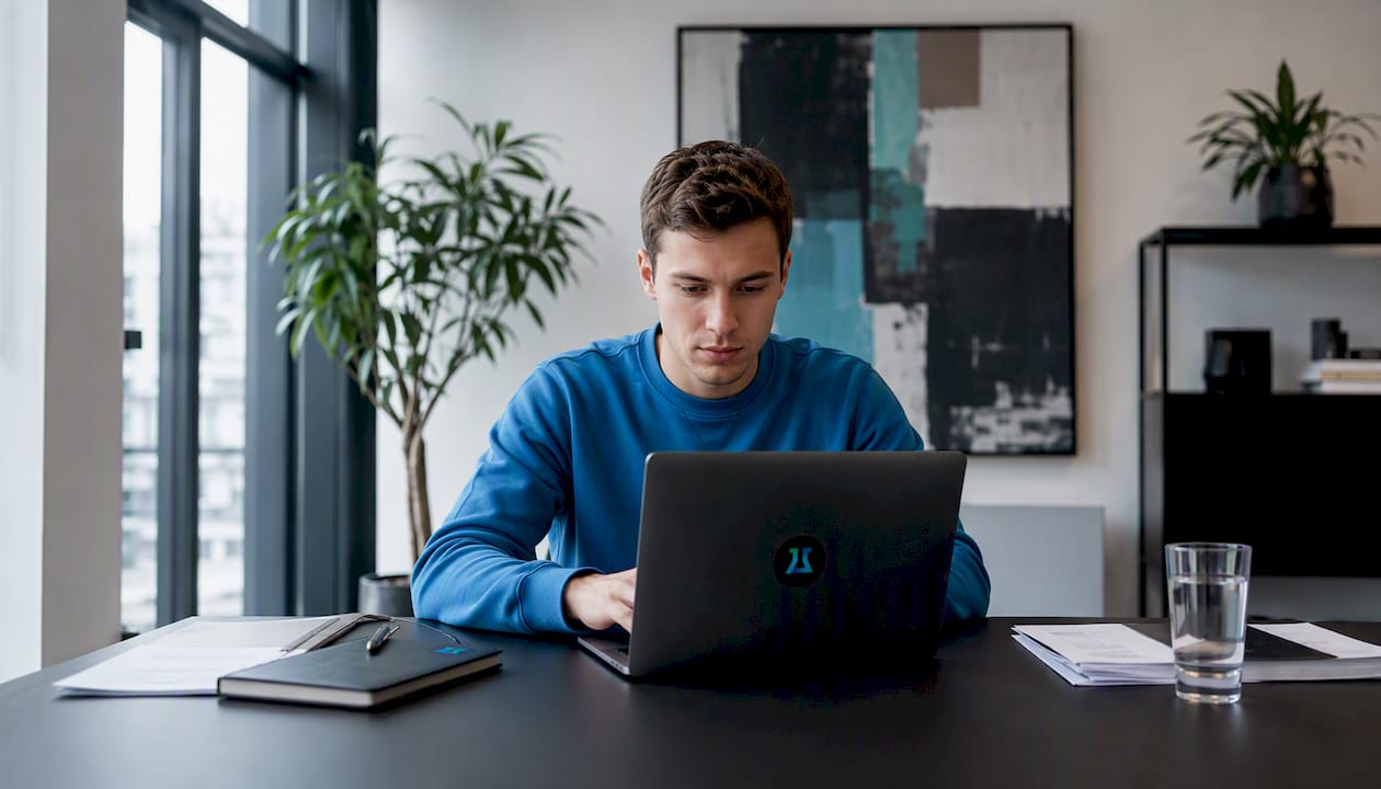 Jemand arbeitet am Laptop und erstellt Rechnungen mit einer Buchhaltungssoftware.
