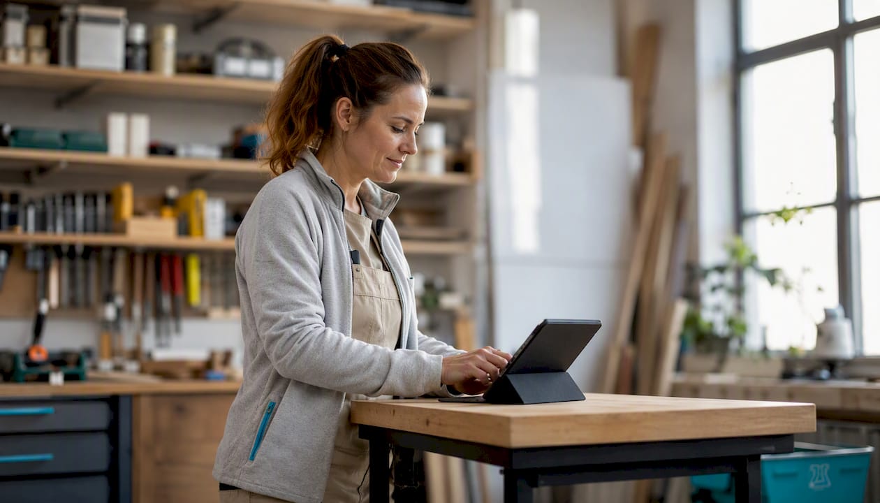 Eine Handwerkerin erfasst ihre Arbeitszeiten bequem per Tablet.