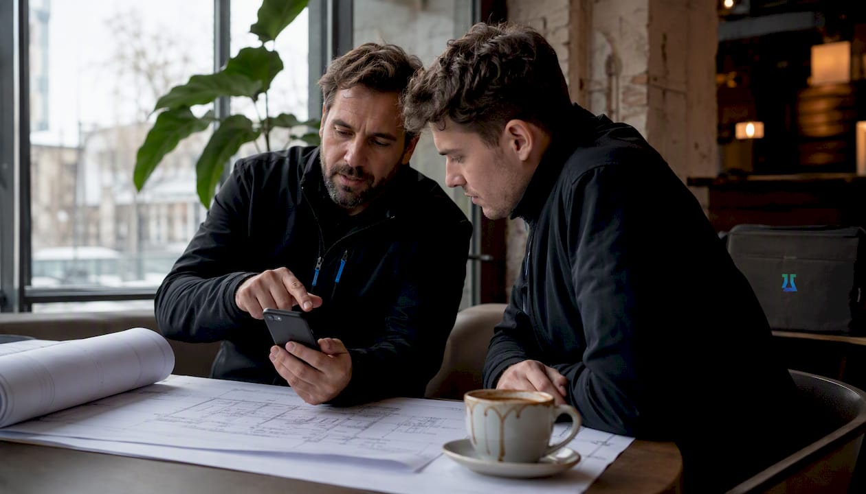 Der Vorarbeiter zeigt dem Team, wie die Zeiterfassungs-App richtig genutzt wird.