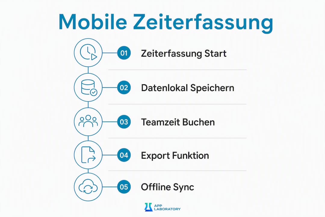 Übersichtsgrafik: Alle Funktionen der mobilen Zeiterfassung auf einen Blick