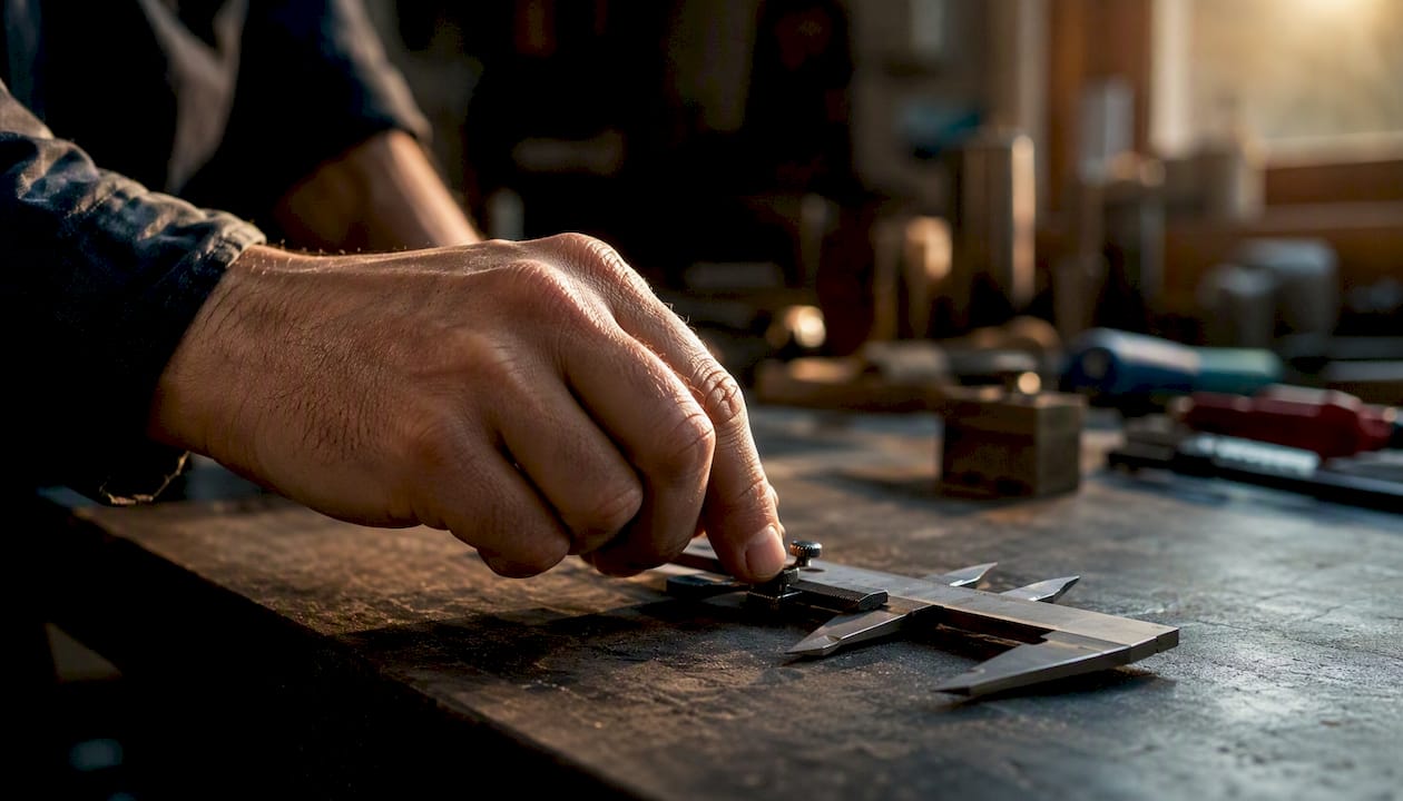 Mit der Hand wird die Messuhr am Werktisch feinjustiert.