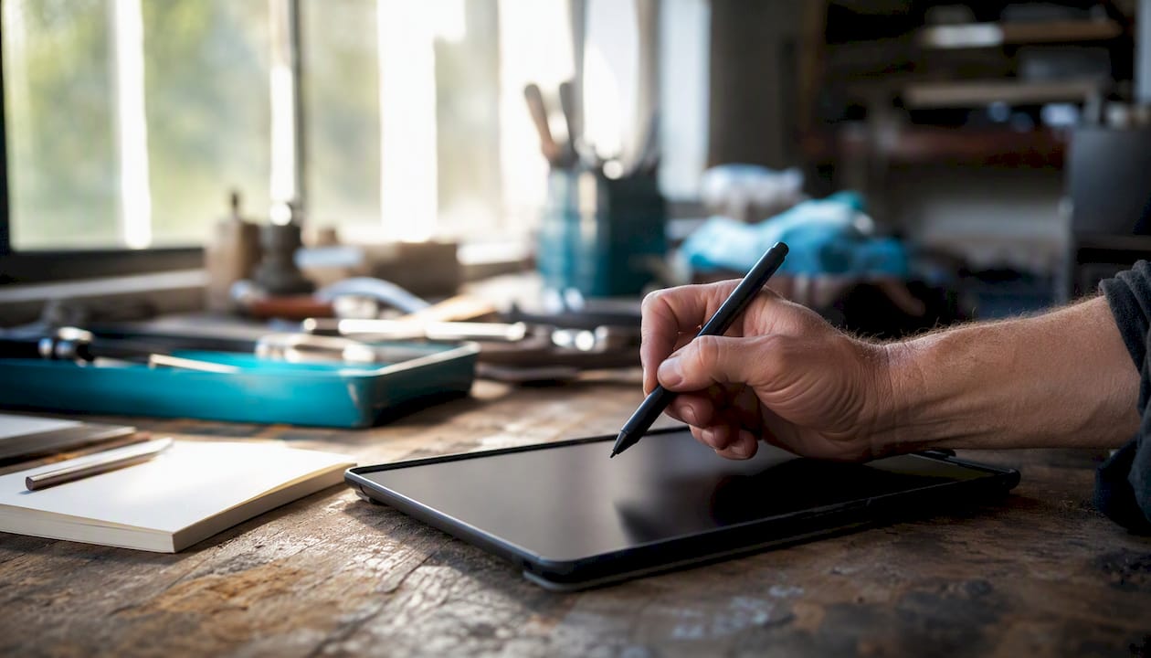 Im Werkstattbereich prüft eine Hand die Arbeitszeiterfassung auf Papier und vergleicht sie mit den Angaben auf dem Tablet.