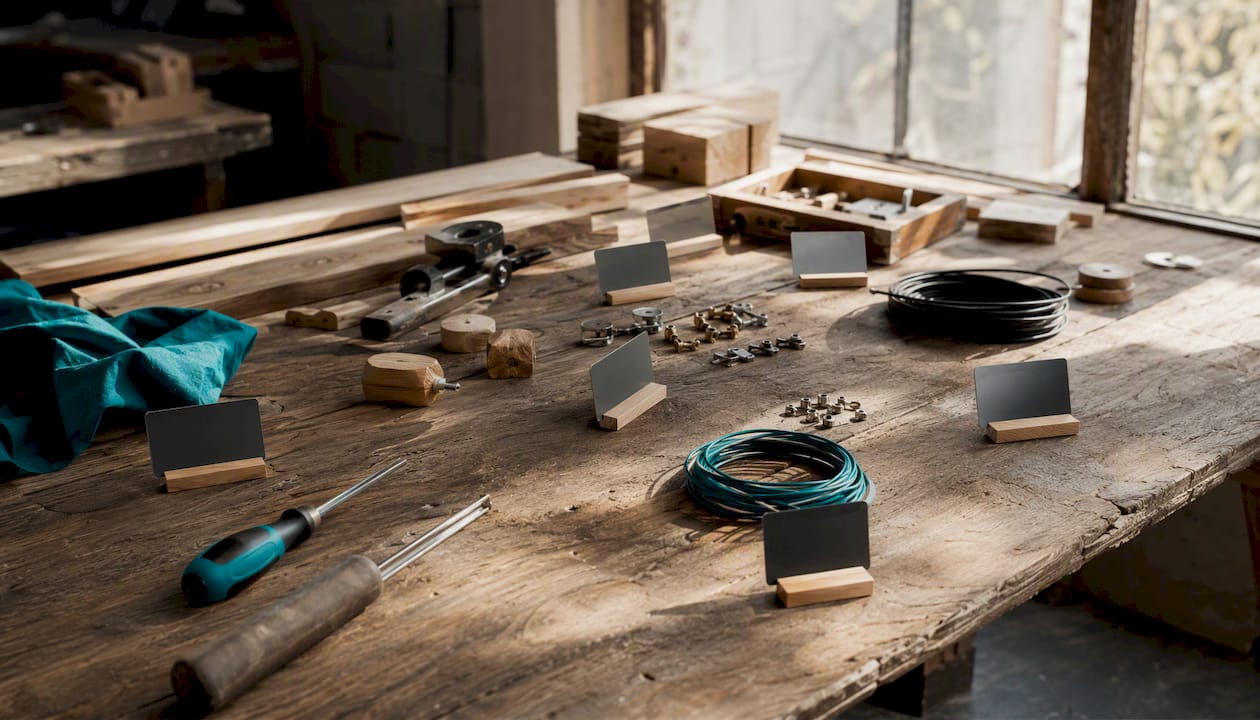 Basteltisch mit verschiedenen Materialien und Preisschildern