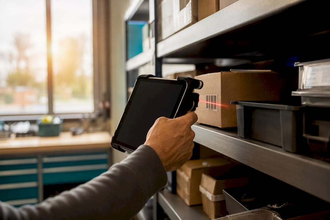 Eine Hand hält ein Tablet, das mit einem integrierten Barcodescanner ausgestattet ist.