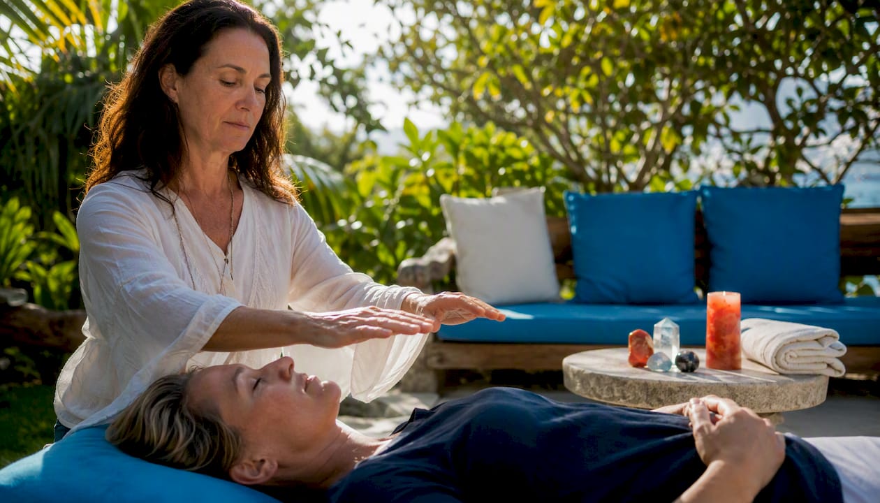 Practitioner performing calming energy healing session
