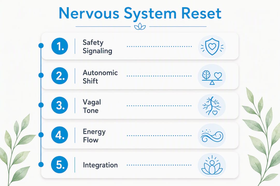 Infographic illustrating nervous system reset steps via QHHT