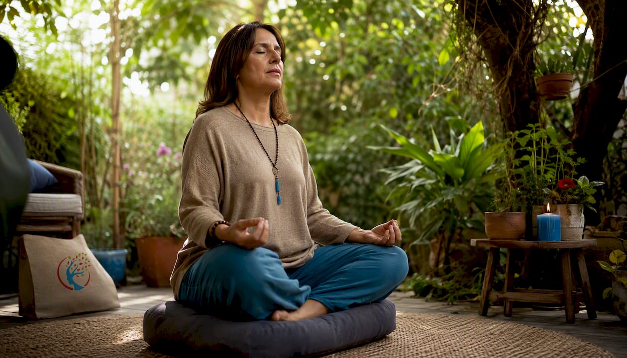 Woman meditating for root chakra grounding indoors