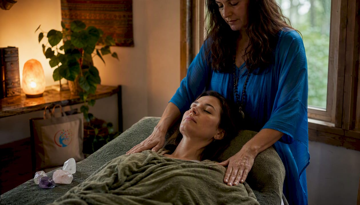 Overhead shot of QHHT energy healing session setup